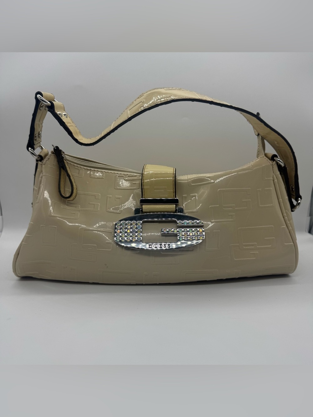 Guess Beige Patent Shoulder Bag with Crystal G logo